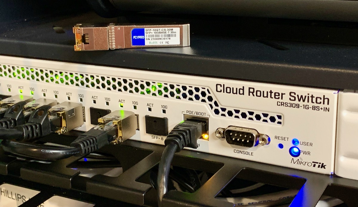 MikroTik Cloud Switch Router with FlyPro Fiber Copper RJ-45 10G Transceiver