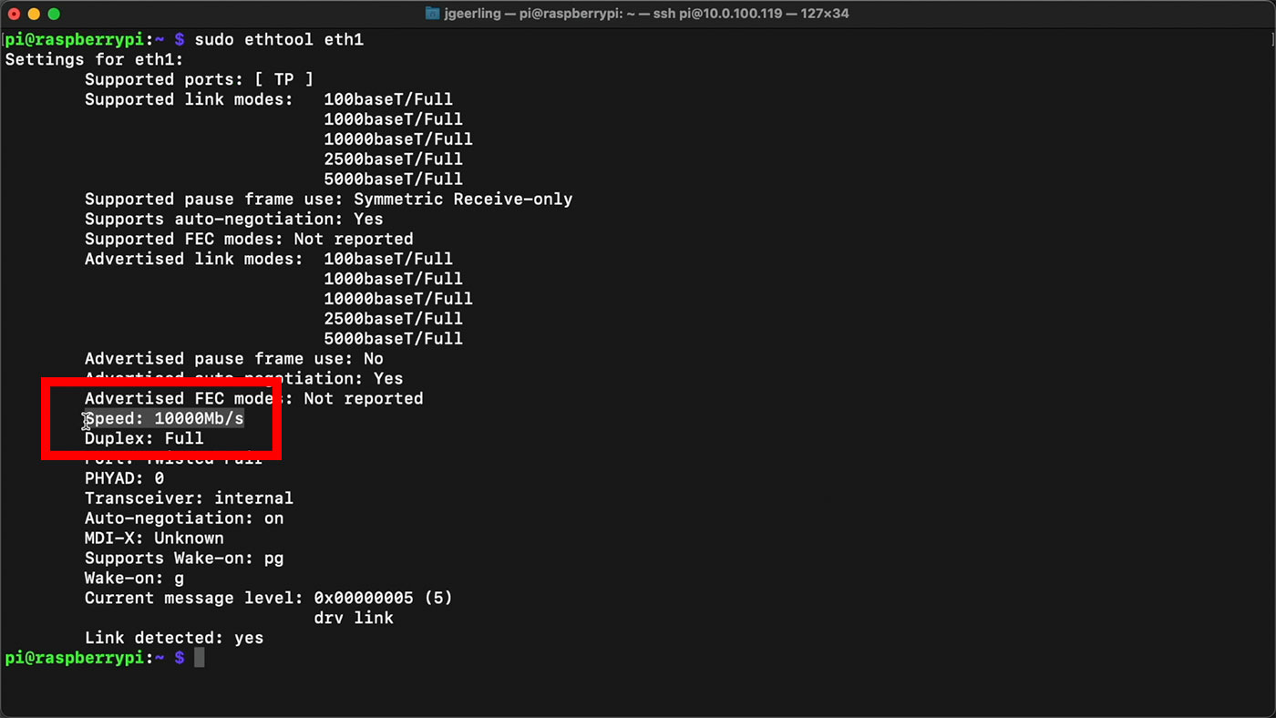 ethtool showing 10 gigabit speed for ASUS 10G NIC on Raspberry Pi in terminal
