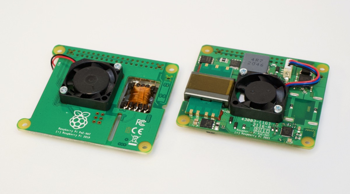 Old and new PoE and PoE+ HATs from Raspberry Pi