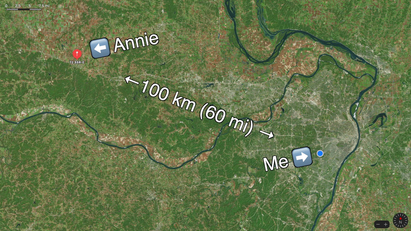 Annie is 100 kilometers or 60 miles away from me as the crow flies