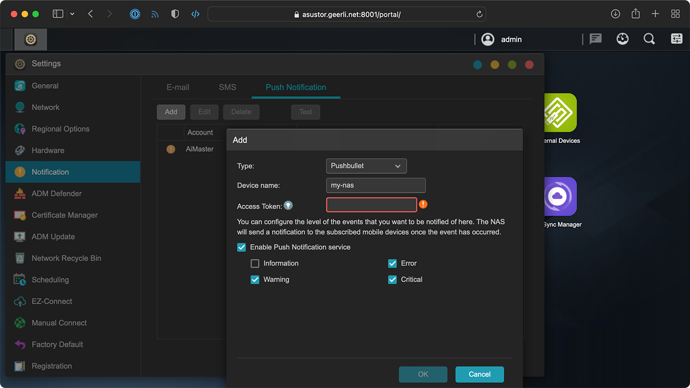 ASUSTOR Push notifications in ADM