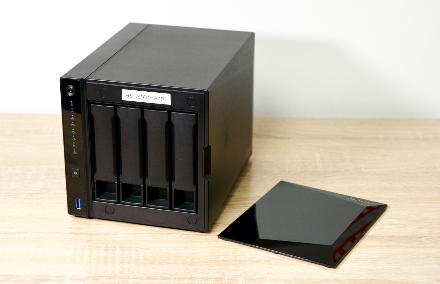 ASUSTOR ARM NAS with four hard drives and cover removed