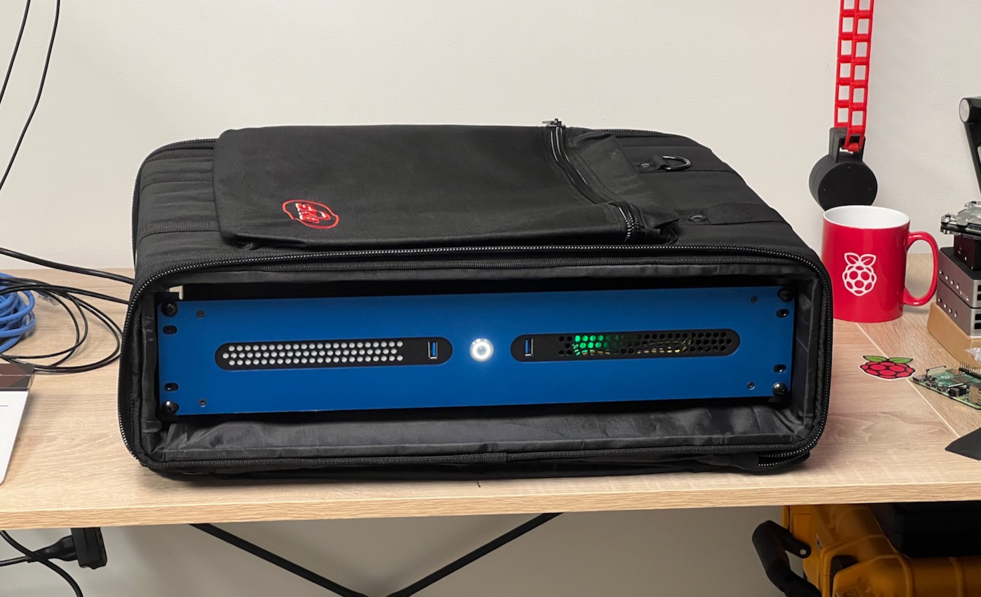 SKB 2U soft case with Turing Pi 2 cluster running inside