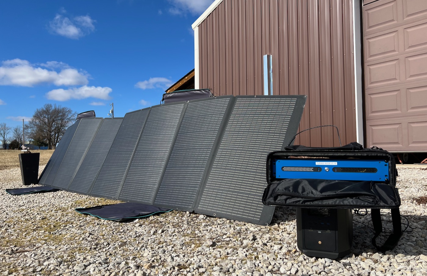 Turing Pi 2 cluster with EcoFlow Battery and Solar Panels at my cousin's farm