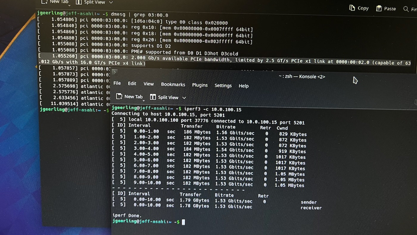 Networking iperf3 benchmark 1.5G PCIe x1 link Asahi Linux