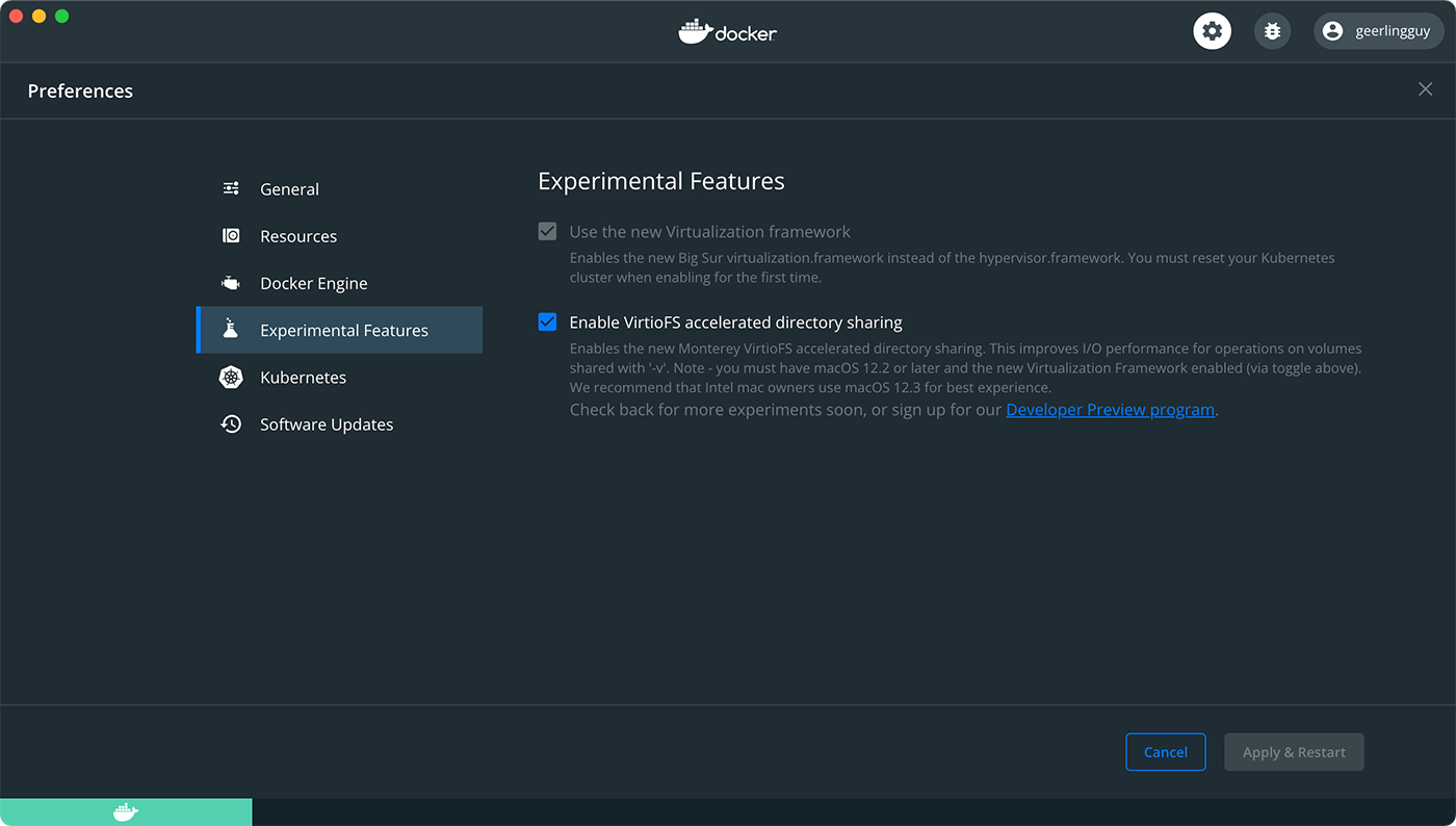 Docker for Mac Preferences - VirtioFS volume mount file synchronization option