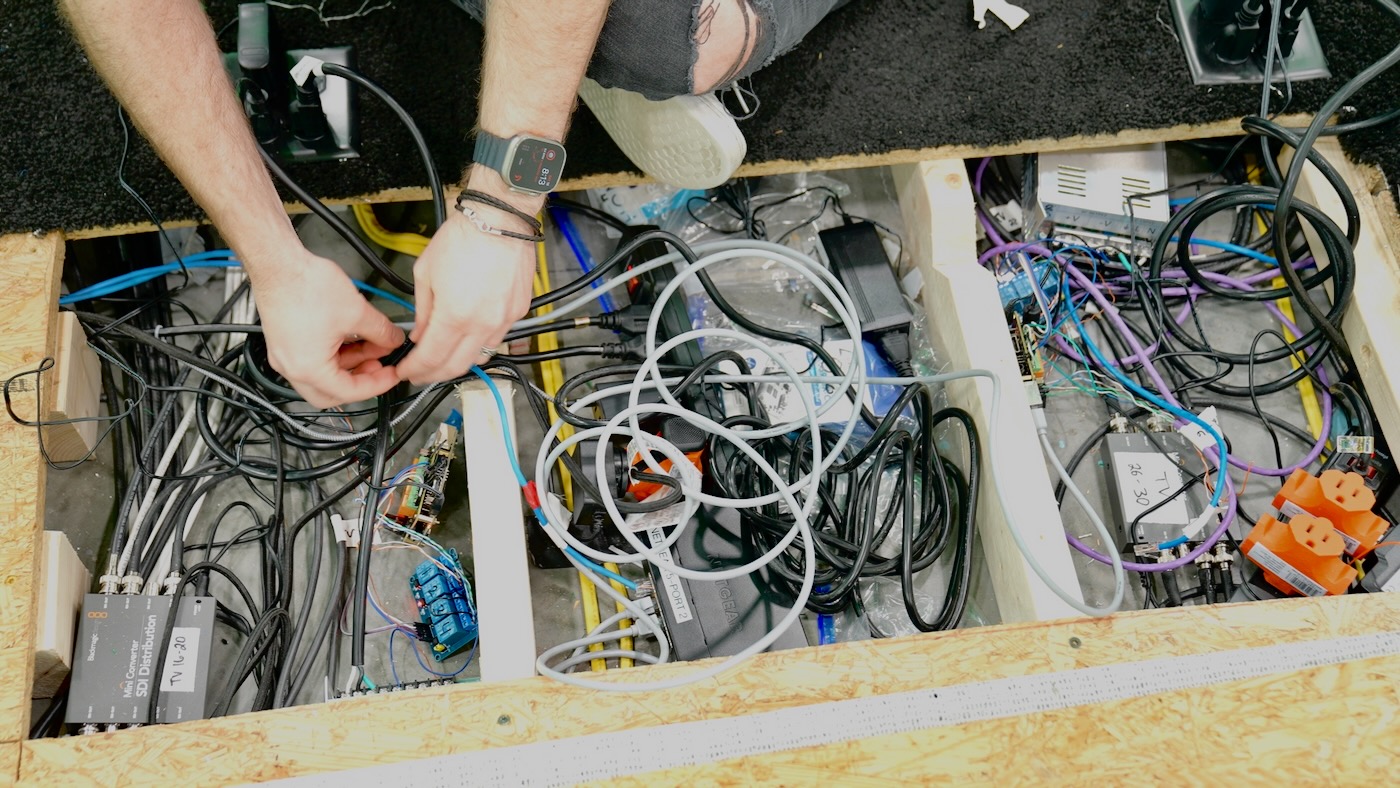 Wiring under floor at MrBeast studio