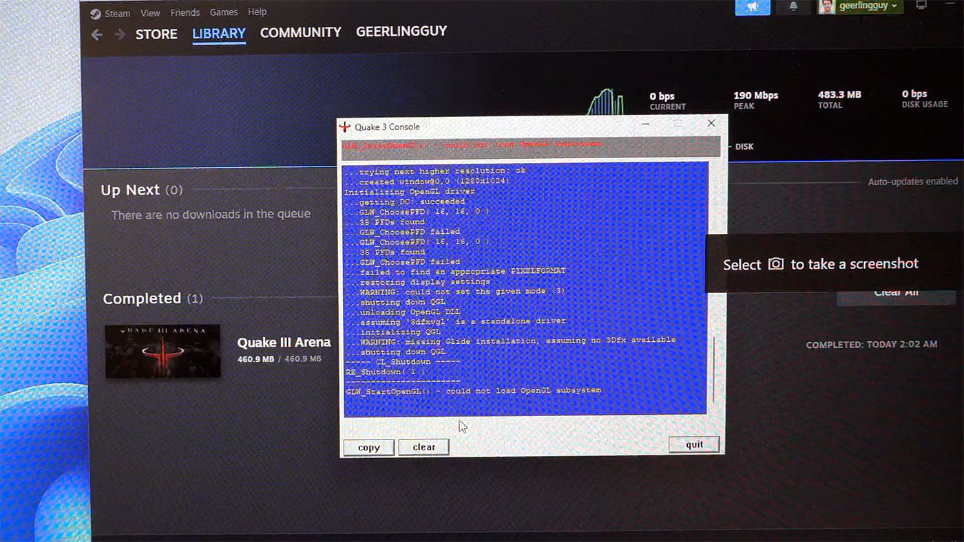 Steam Quake III Arena on Windows on Arm OpenGL issue