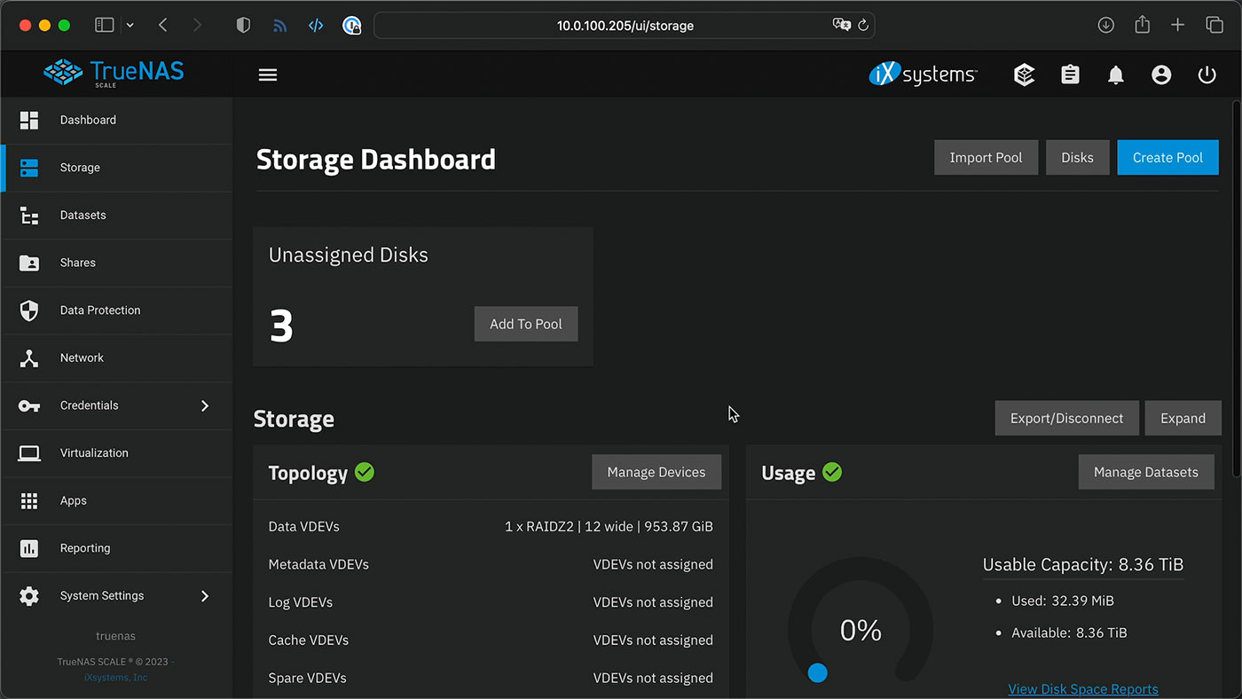 TrueNAS Storage display running on ASUSTOR Flashstor 12