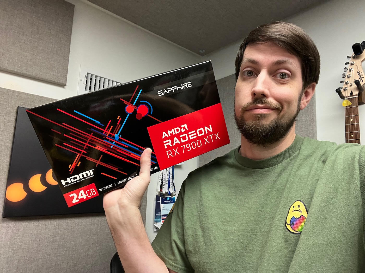 Jeff holding RX 7900 XTX Sapphire reference board box