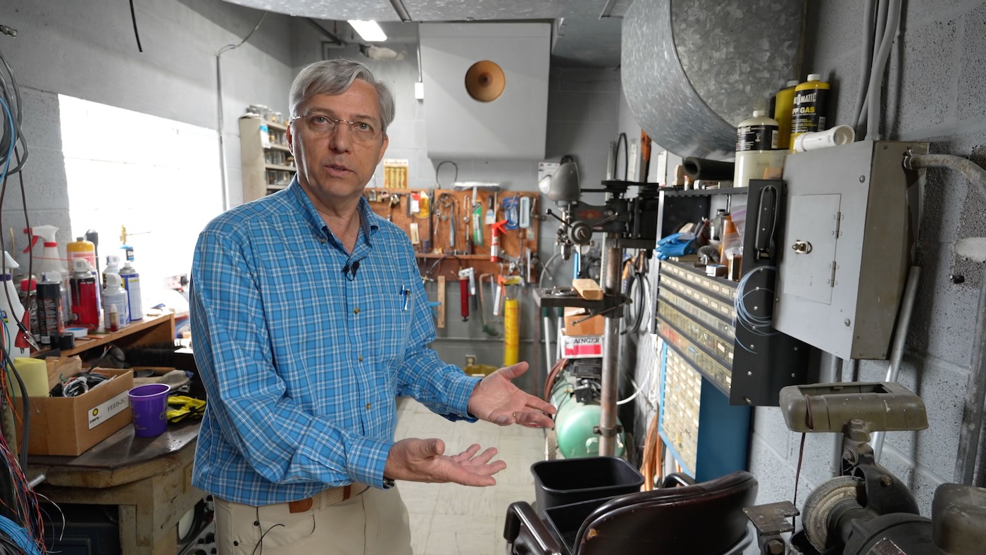 KMOX-AM former engineer Joe Geerling in old workshop at tower transmitter building