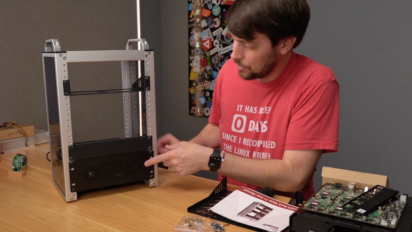 Jeff Geerling with DeskPi Rackmate T1 and MyElectronics 10 inch Mini ITX rackmount case