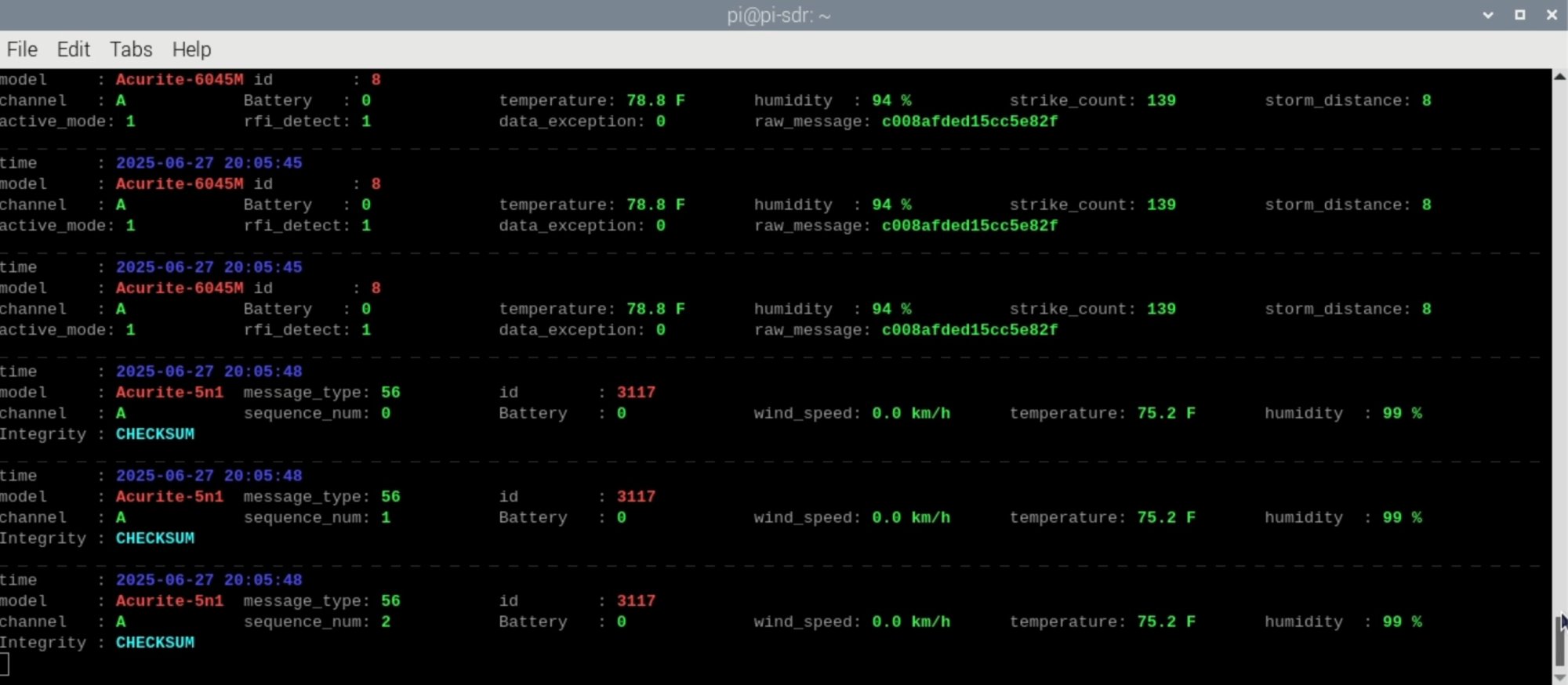 RTL 433 Acurite weather data on Jeff's Pi 5