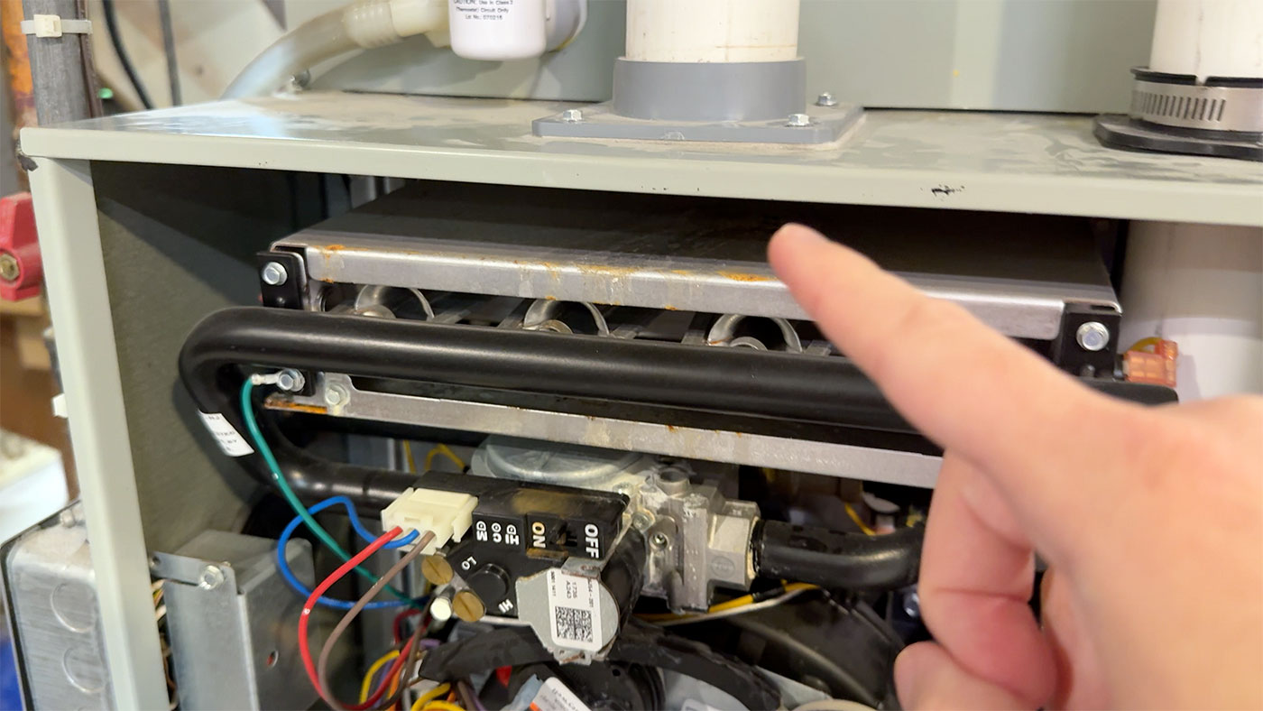 Trane S9V2 gas heating element rusting from intake PVC condensate entrance
