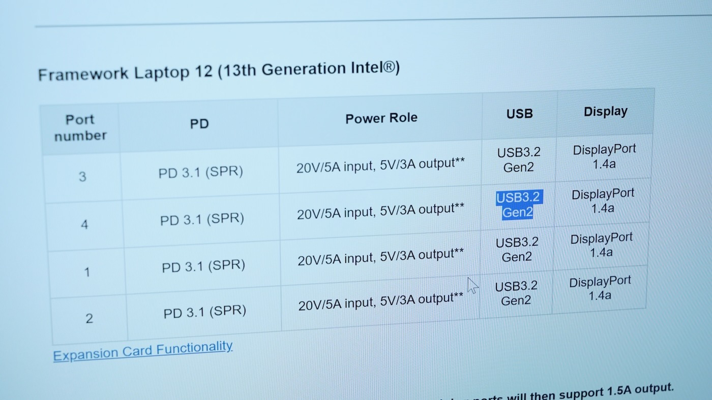 Framework Laptop 12 USB port definition matrix