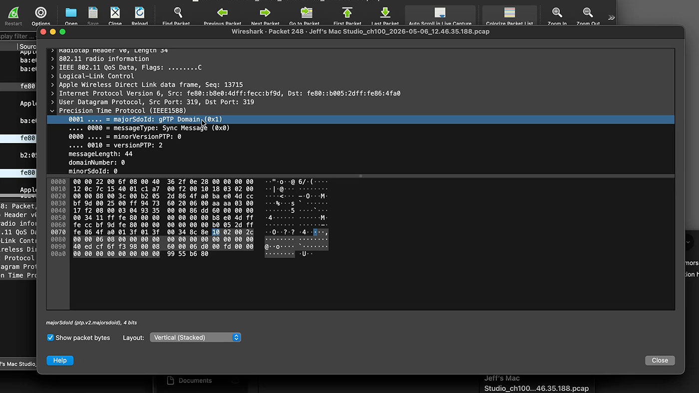 Apple Wireless Data Link gPTP Sync packet in Wireshark