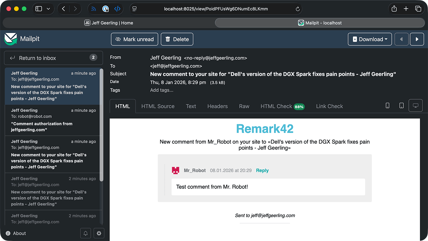 Mailpit - Remark42 Comment email notifications debugging