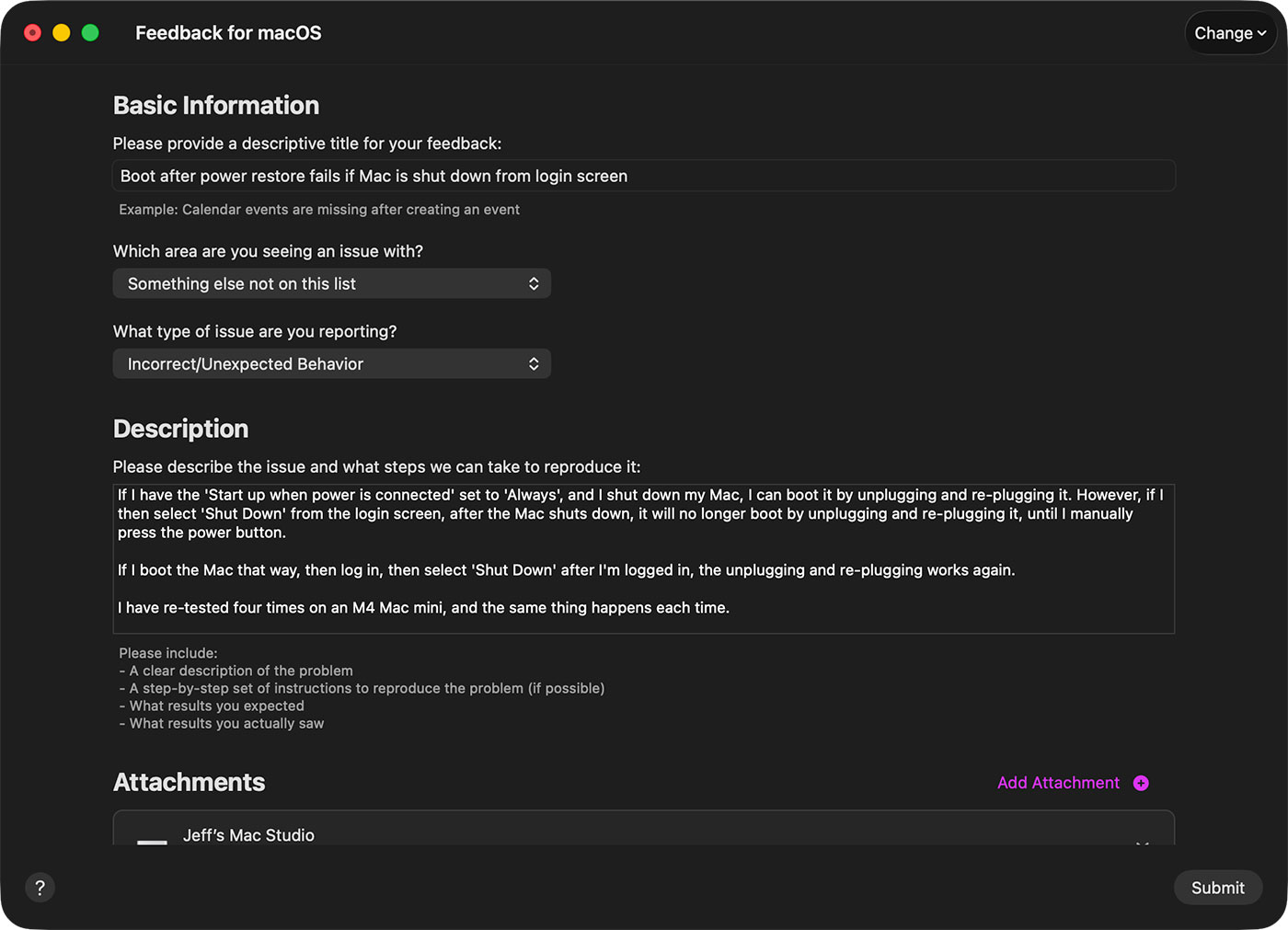 Submitting my bug report to Apple Feedback