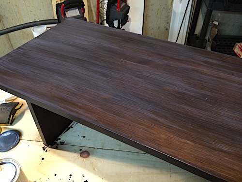 Polyurethane drying on stained wood surface