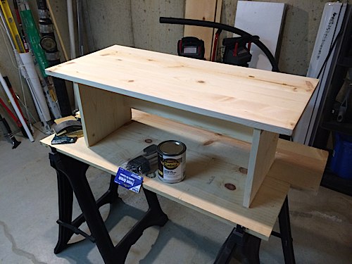 Desk is assembled on bench