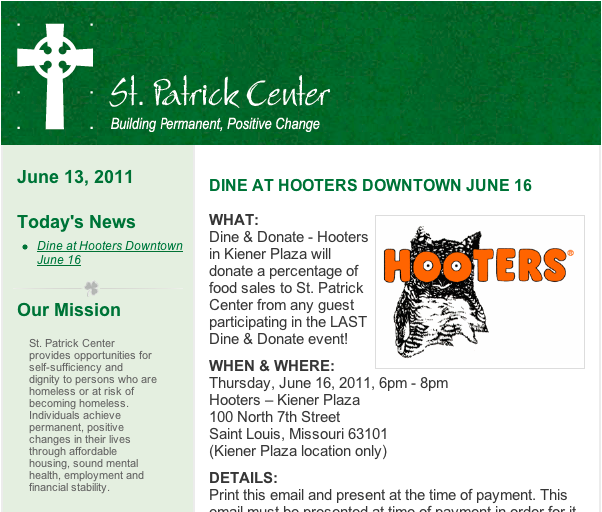 Hooters email from St. Patrick Center