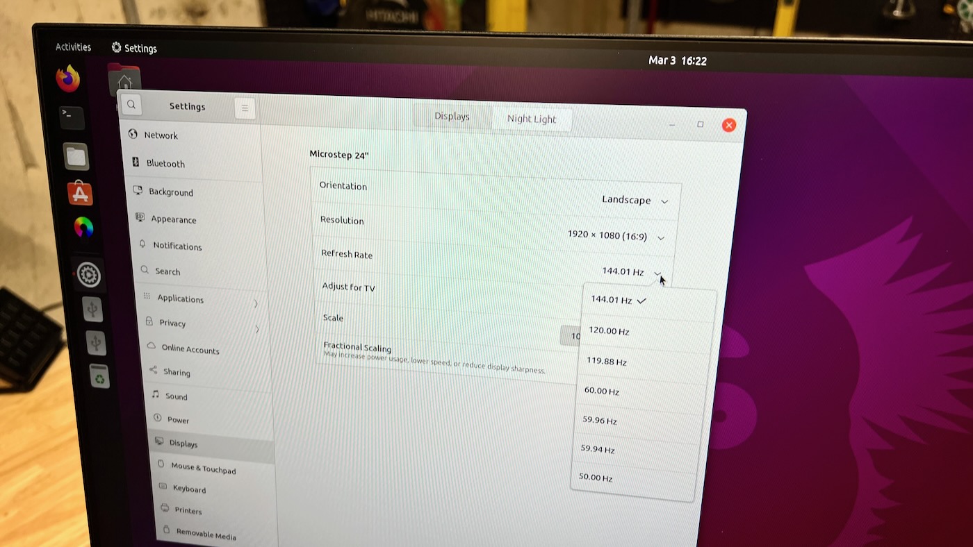 144 Hz monitor screen setting in Ubuntu 21.10