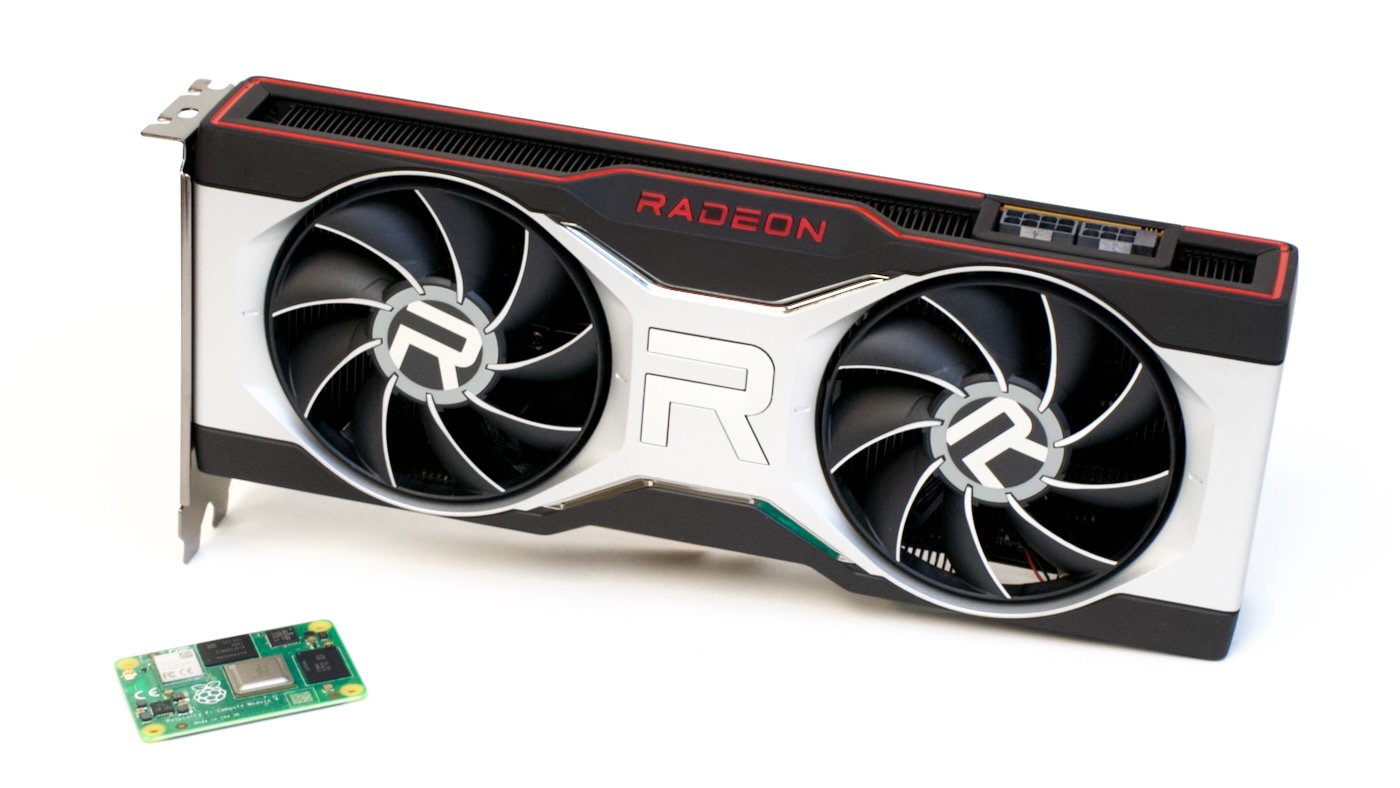 AMD Radeon RX 6700 XT with Raspberry Pi Compute Module 4 for scale