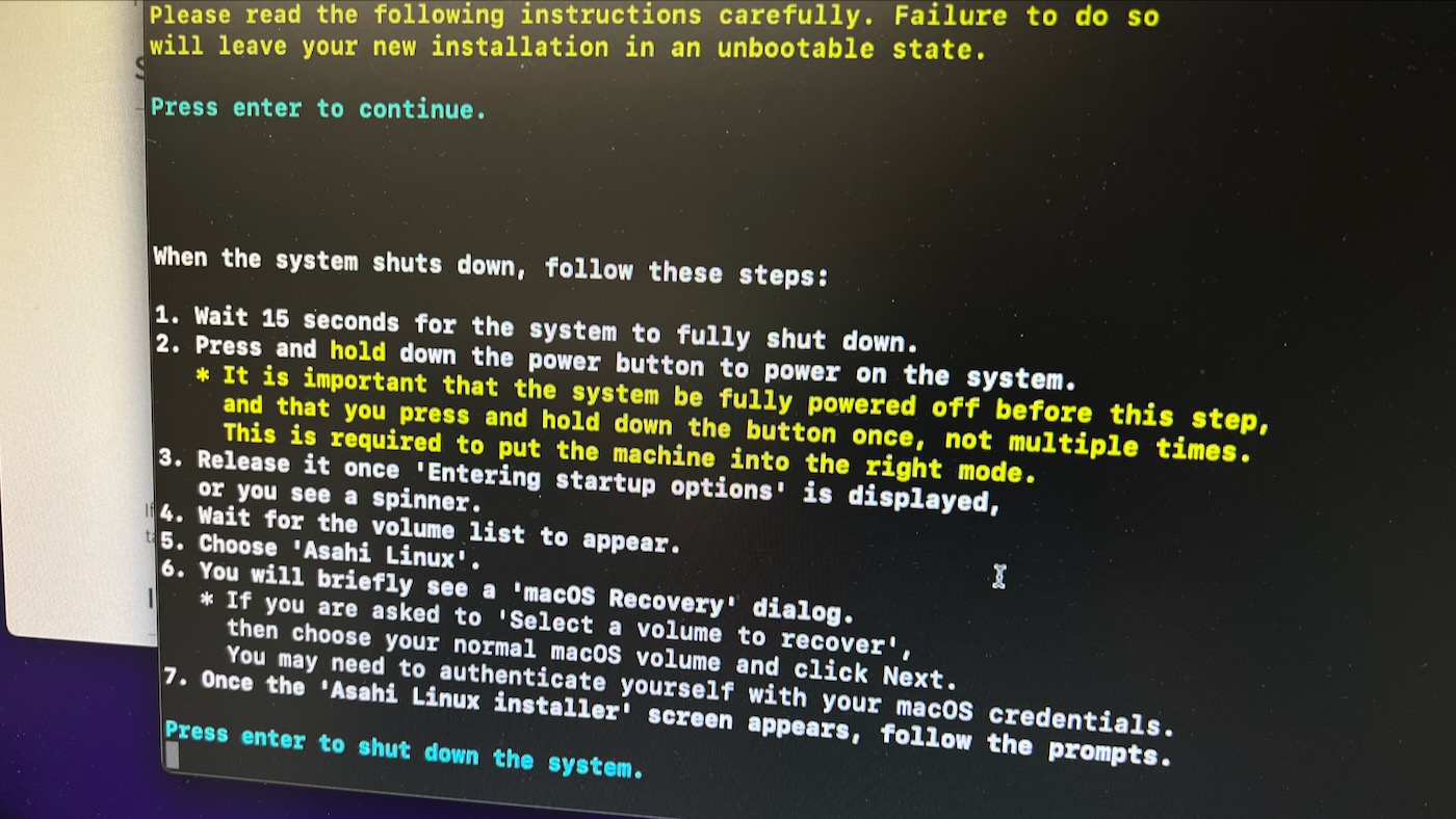 Asahi Linux installer reboot warning