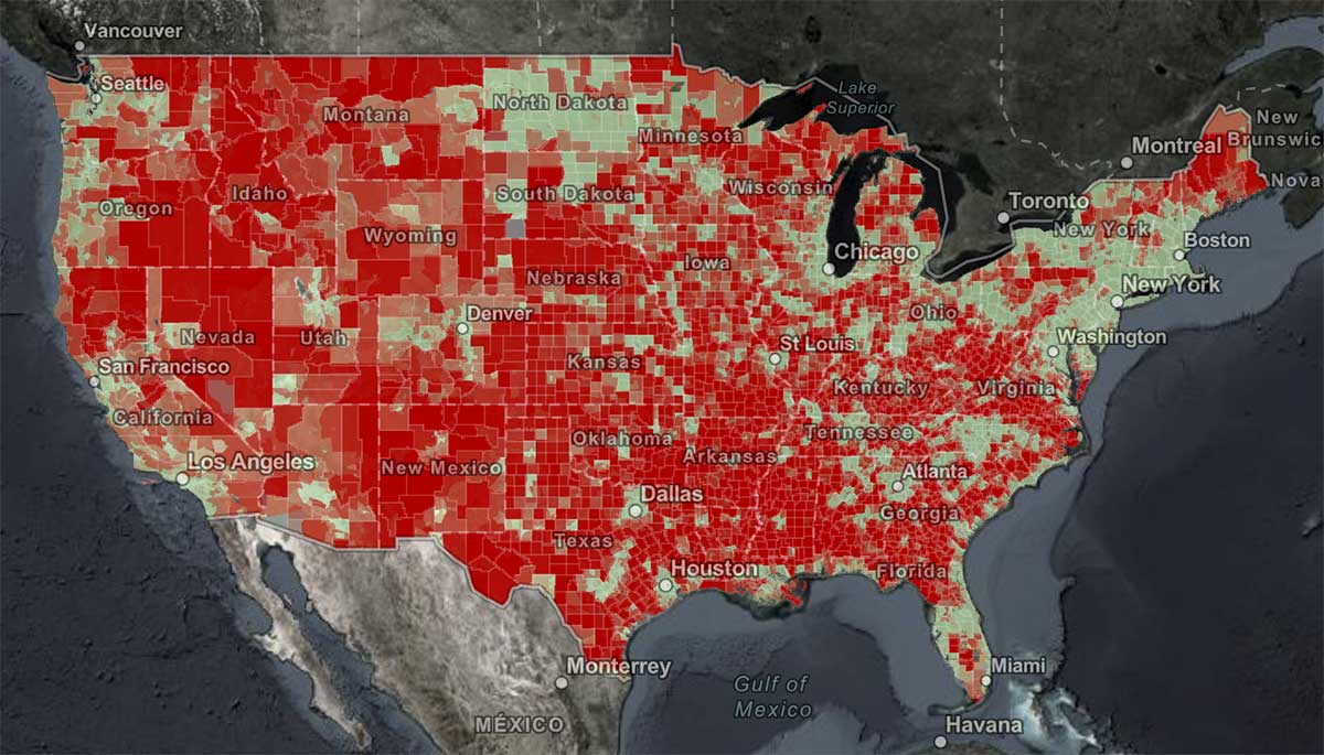 USA map showing areas with limited high speed broadband availability