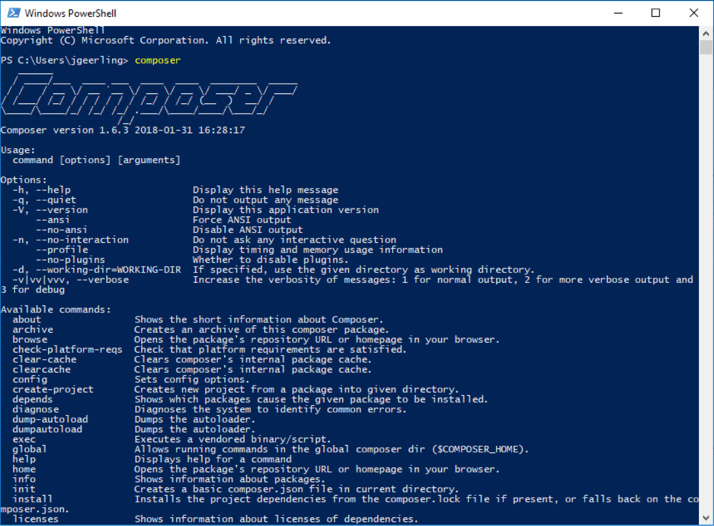 Composer running in Windows 10 in PowerShell