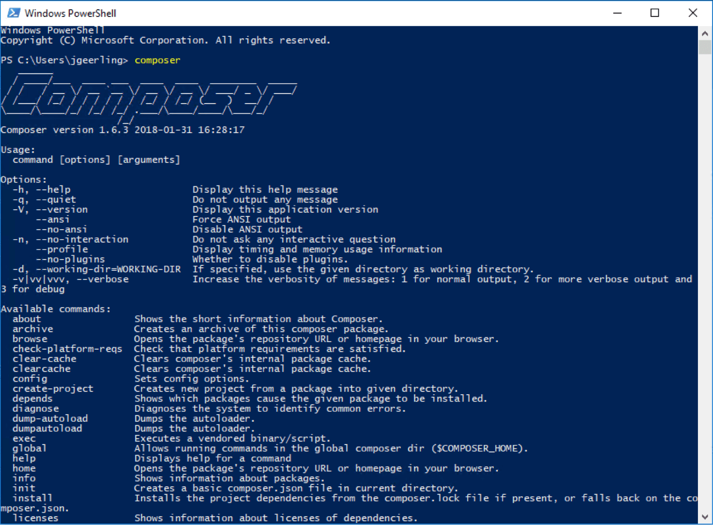 Compositor em execução no Windows 10 no PowerShell