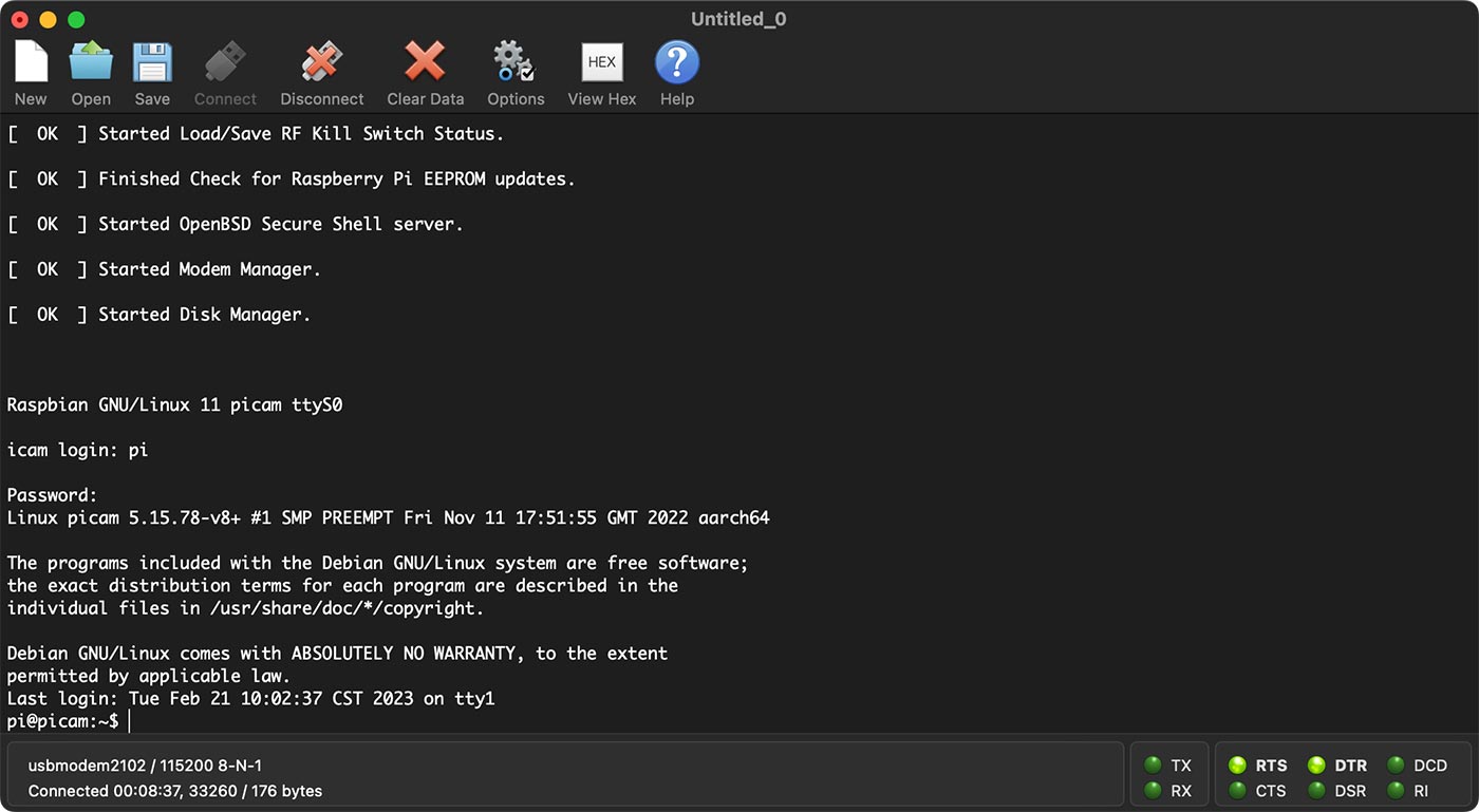 CoolTerm showing Raspberry Pi remote serial UART debugging connection