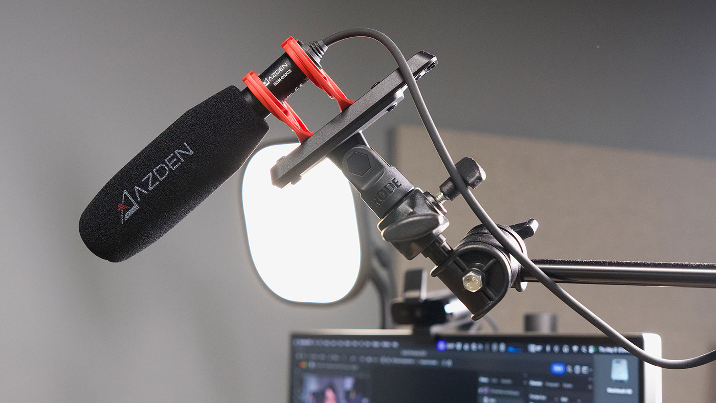 Azden shotgun mic on desk setup
