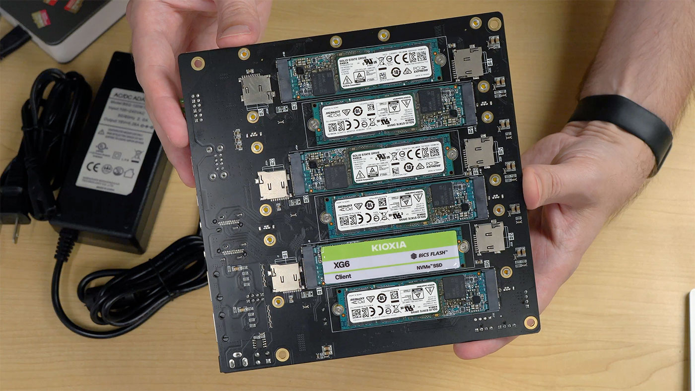 DeskPi Super6c bottom showing 6 NVMe SSDs - KIOXIA XG6