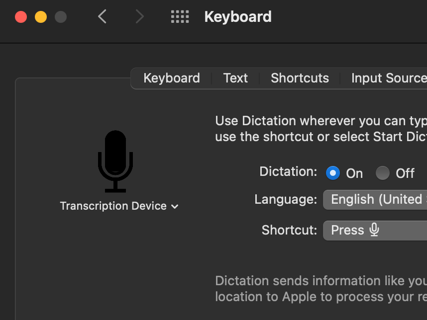 Transcription Device in System Preferences Dictation