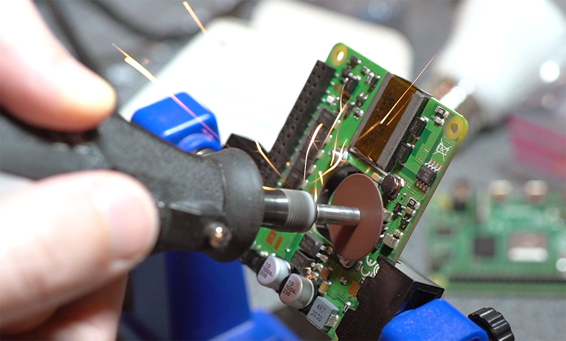 Dremel cutting sparks of screw on Raspberry Pi PoE+ HAT