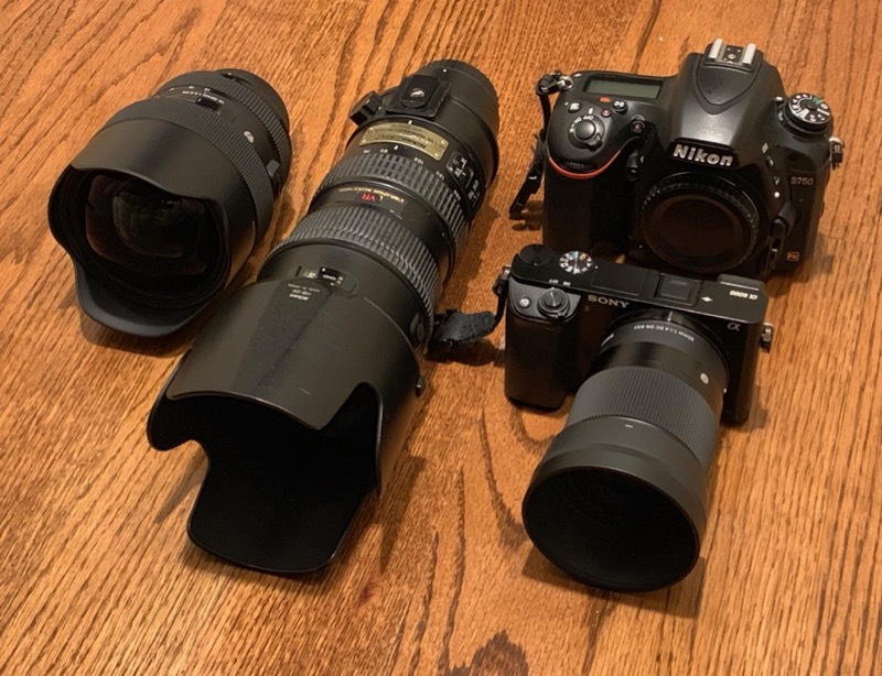 Nikon D750 with 70-200mm 2.8 VR and Sigma Art 14-24 2.8 and Sony a6000 with 30mm 1.4