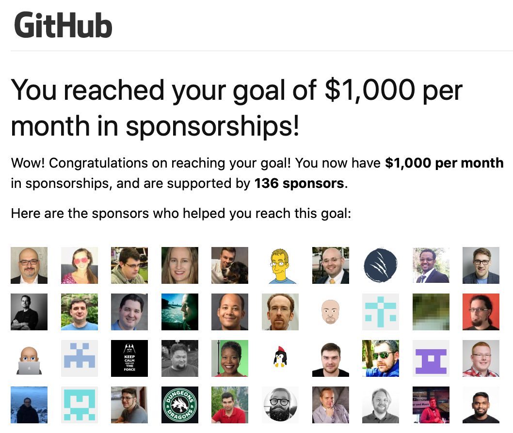 GitHub Sponsors goal of $1000 per month reached