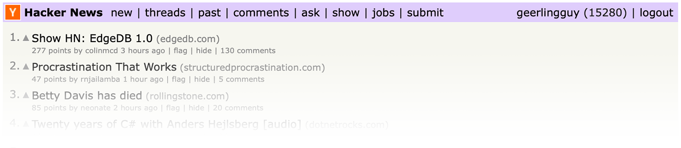 Hacker News frontpage - logged in as geerlingguy