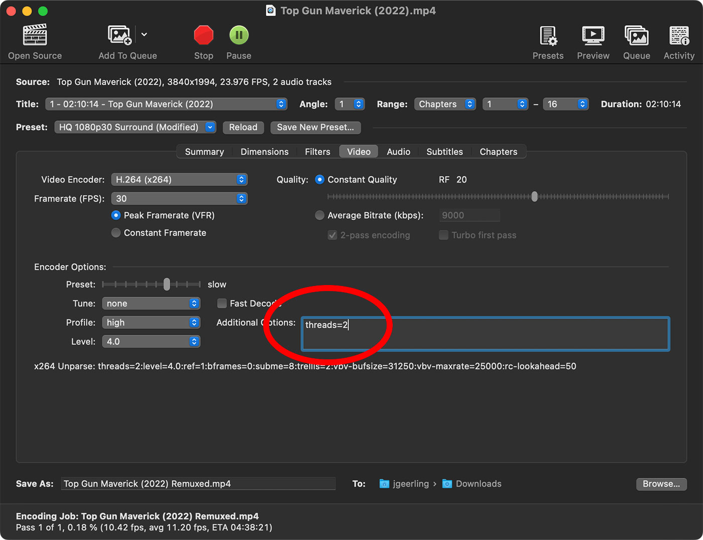 Handbrake threads=2 setting in video encoding options for x264