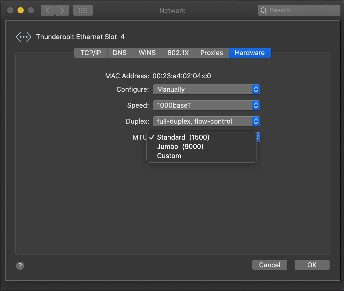 Increase MTU to 9000 Jumbo Frame on macOS Network Interface System Preferences
