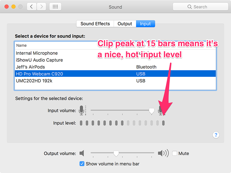 Input bars at 15 - good sound in System Preferences Sound Input panel
