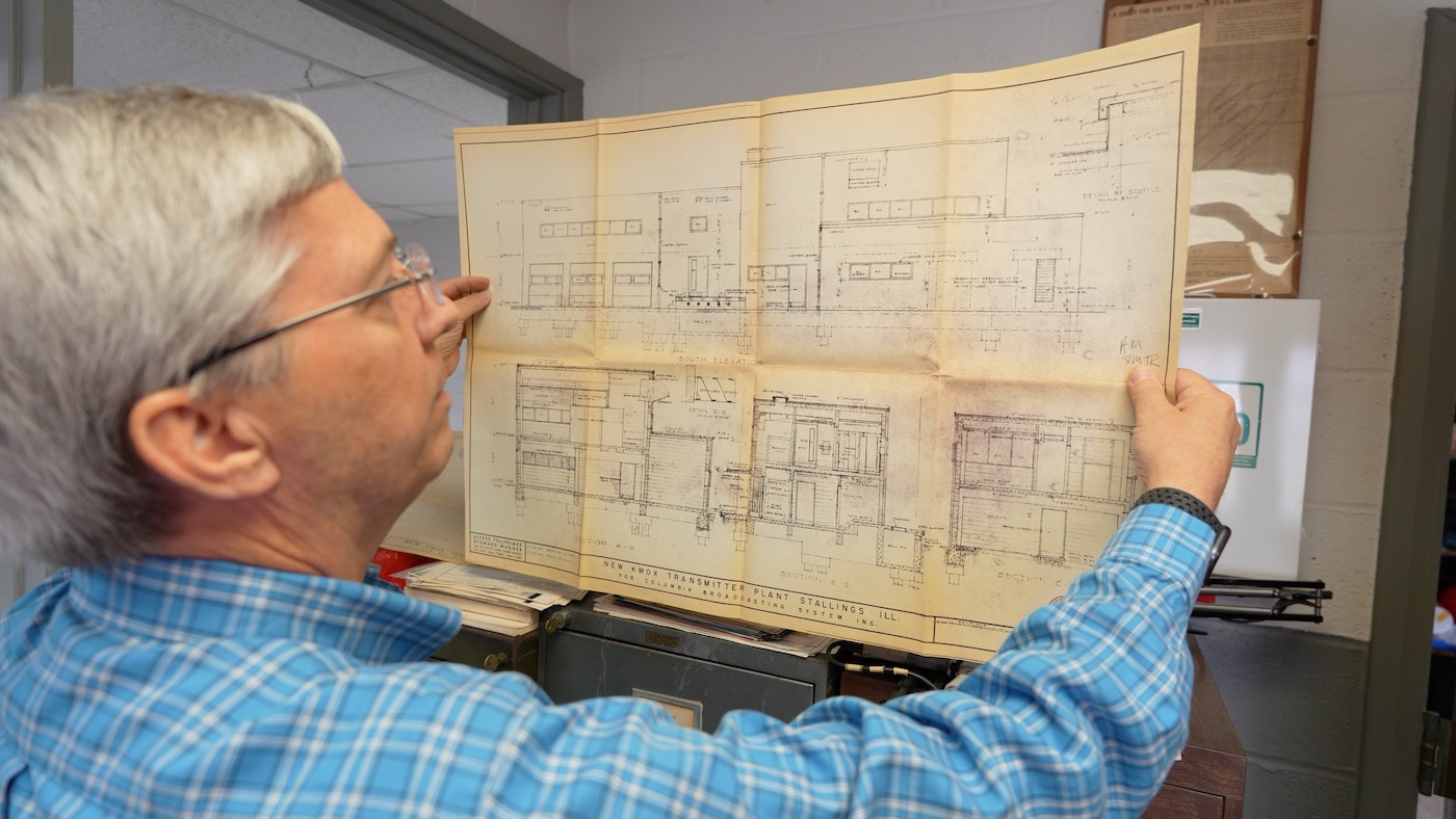KMOX-AM Building blueprints held by Engineer Joe Geerling