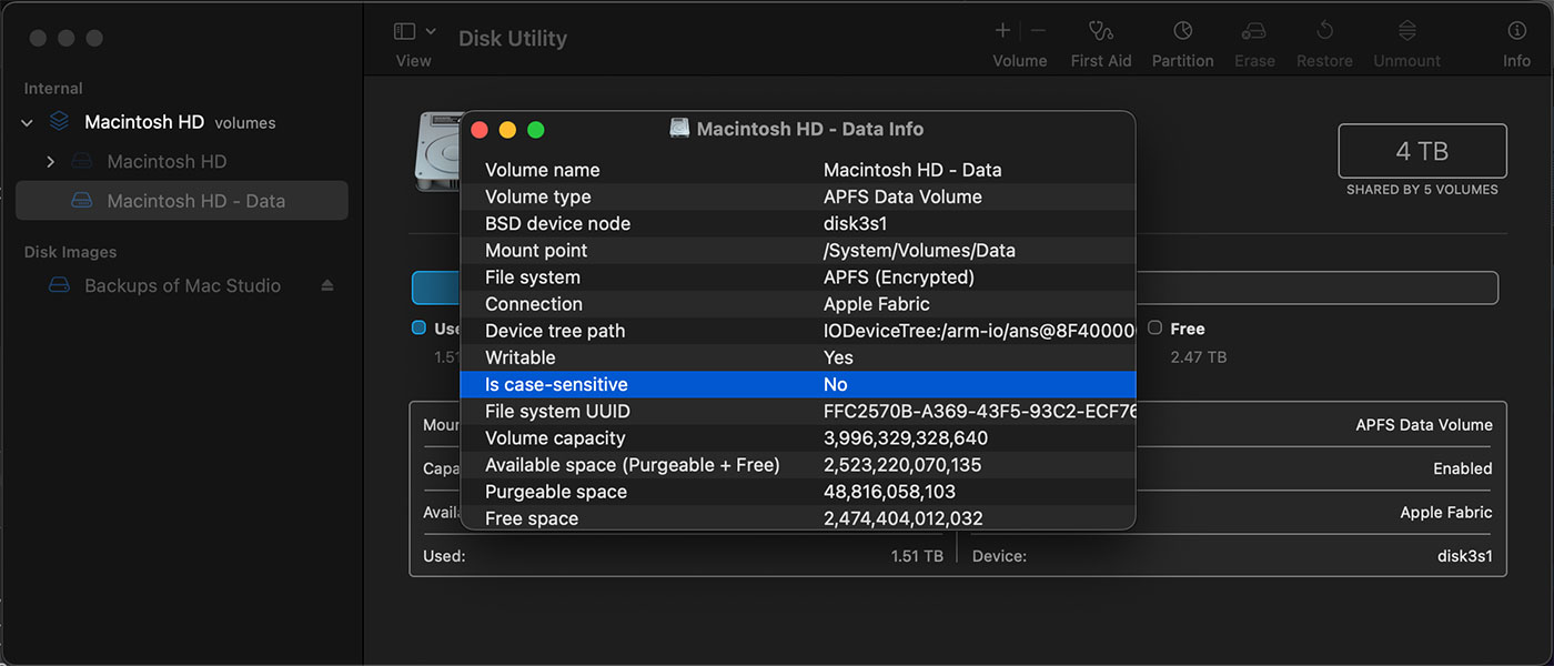 macOS Disk Utility APFS Case Insensitive filesystem