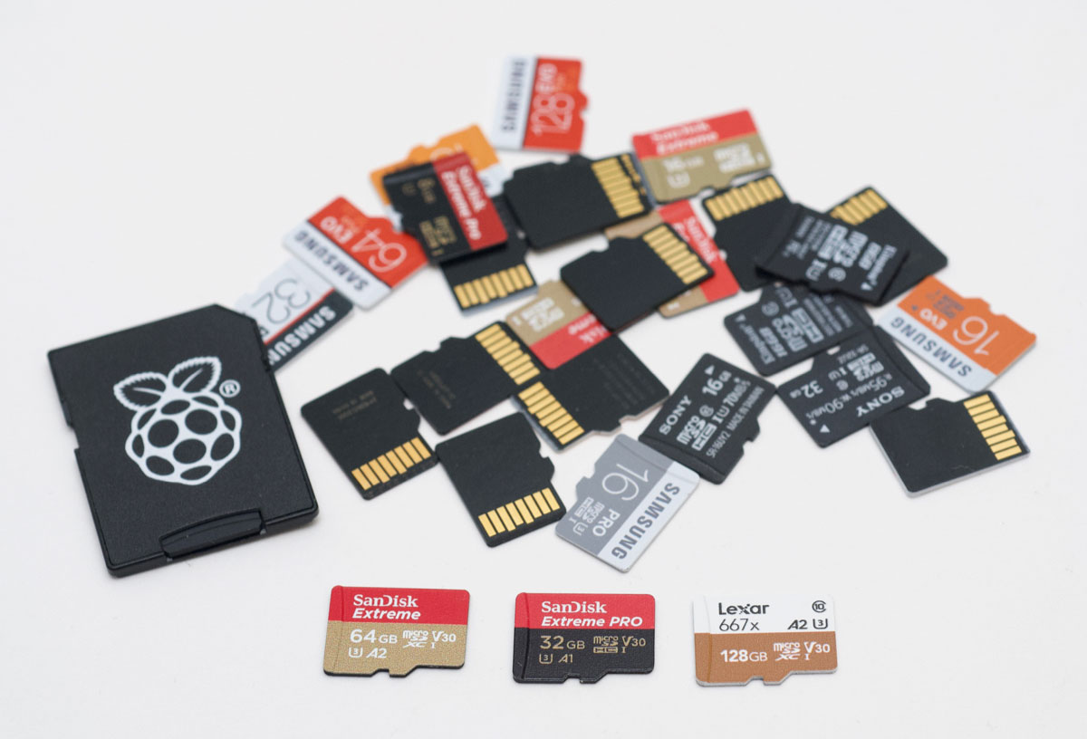 Pile of microSD cards A1 A2 and Raspberry Pi NOOBS card