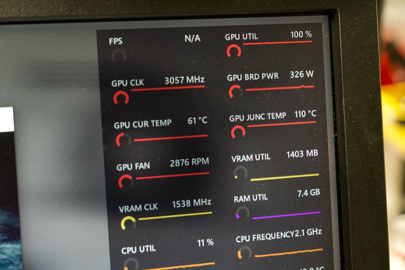 MSI Kombustor GPU stress test 110 degrees C AMD RX 7900 XTX - closeup of stats