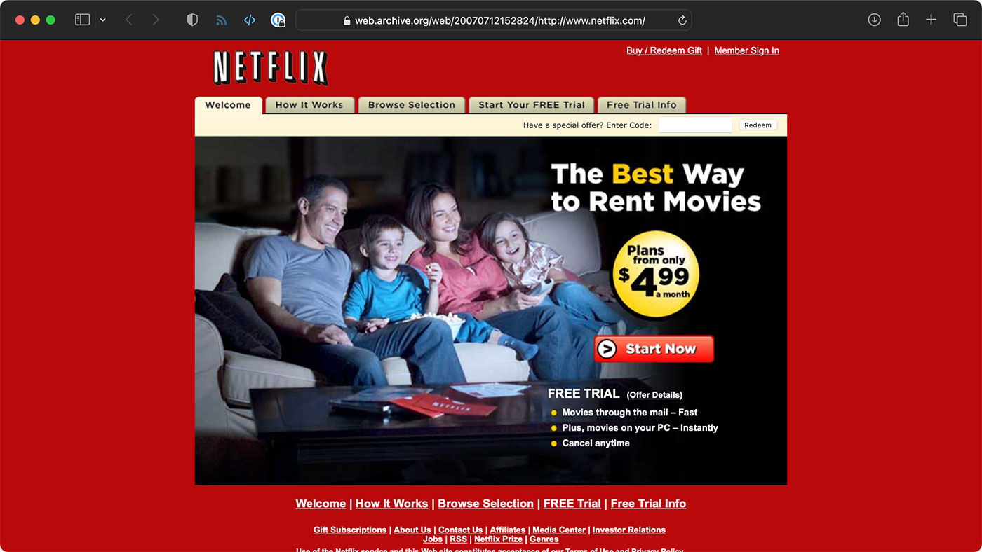 2007 era Netflix home page courtesy of the Wayback Machine