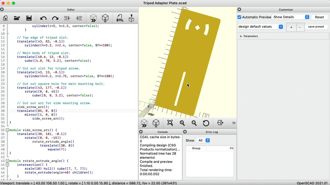 OpenSCAD - design of camera mounting plate