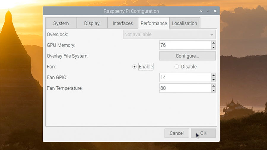 Pi Case Fan configuration in Raspberry Pi OS setup utility