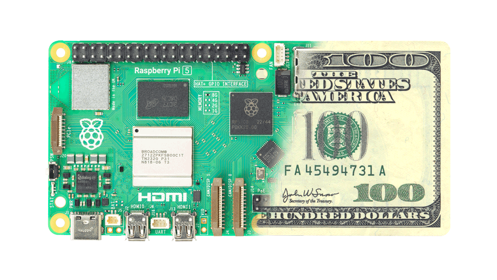 Raspberry Pi 5 blended into 100 dollar bill USD